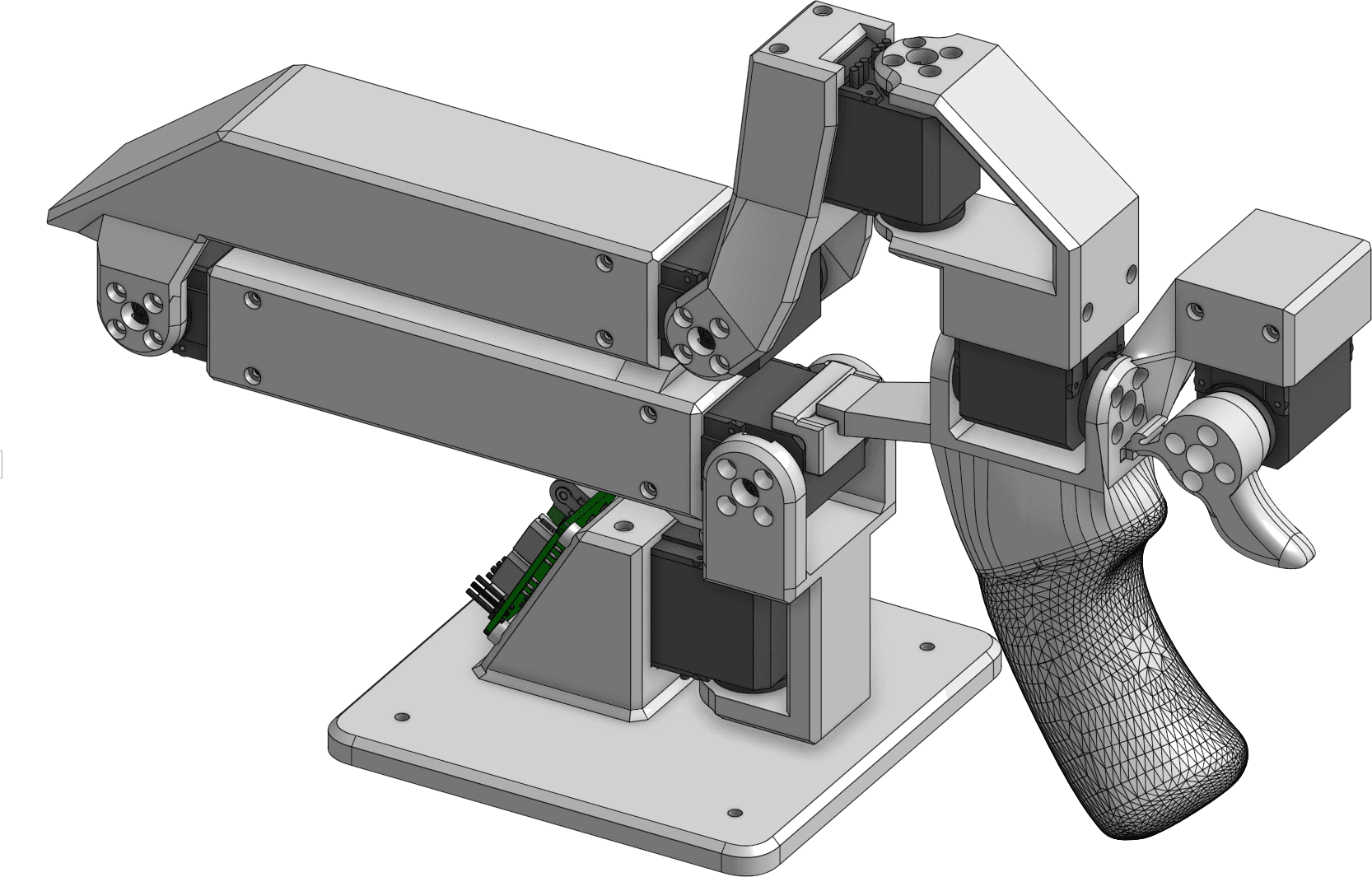 CAD render of the GELLO leader arm assembly: base, linkages, driver board, and pistol-grip handle