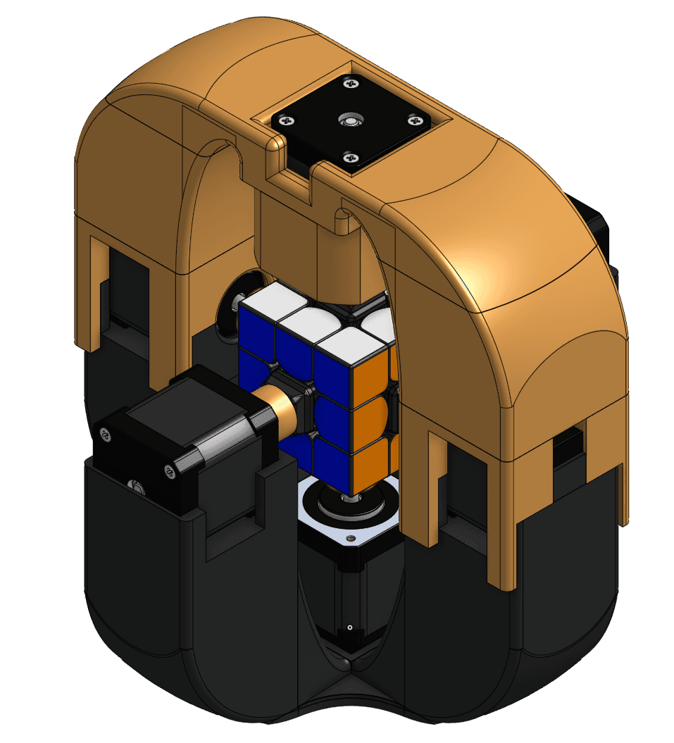 Cutaway CAD render of the frame showing the cube, motor, and shaft assembly inside the housing
