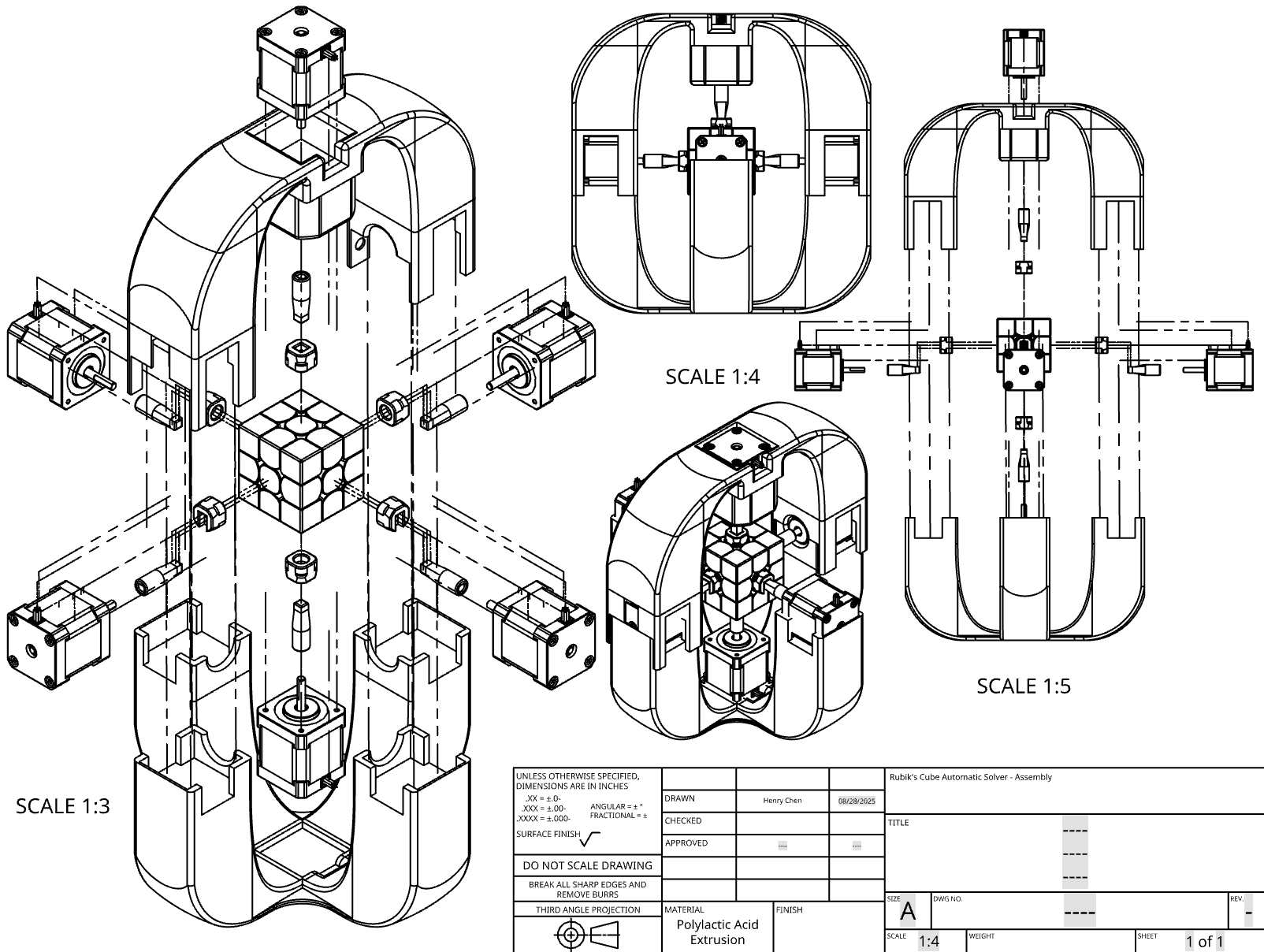Rubik's Cube Robot CAD assembly drawing, three views with dimensions and title block